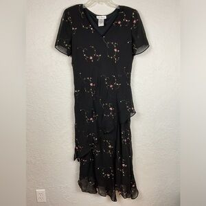 Women’s Y2K Citi Dress Asymmetrical Black Floral Embroidered Dress Size 12